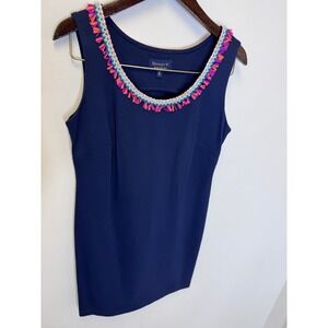 Buckley K Navy Blue‎ Braided Fringe Neckline Sheath Dress Made in USA Womens 6